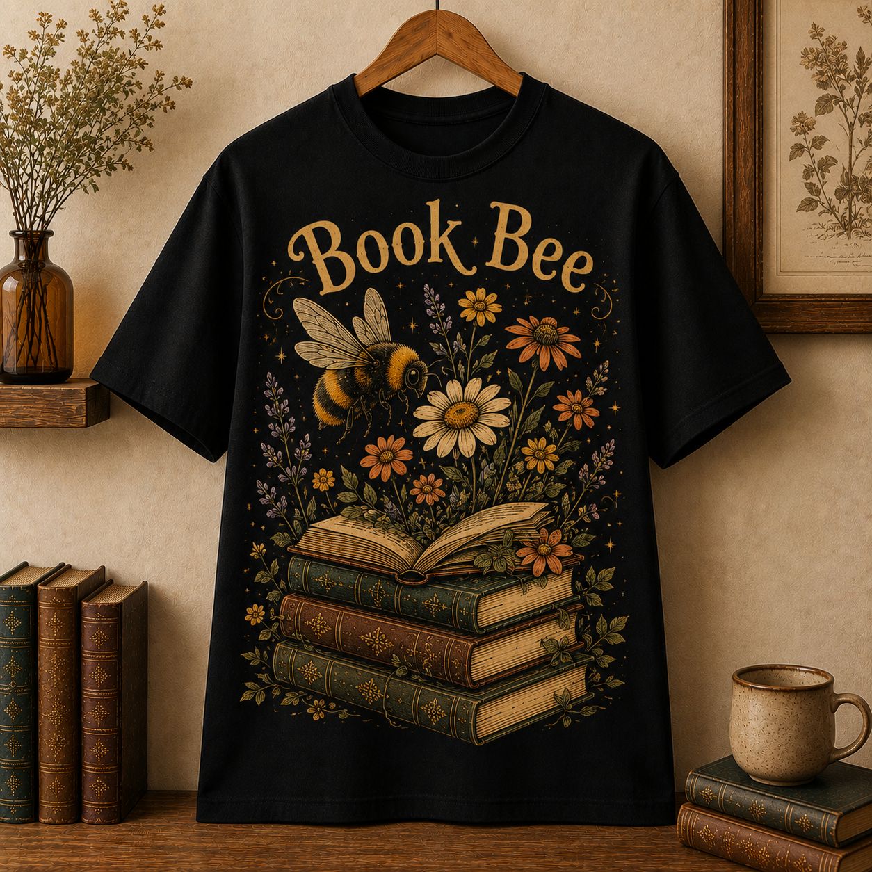 Book Bee T-Shirt, Cute Bee Collecting Pollen from Books Floral Reader Shirt