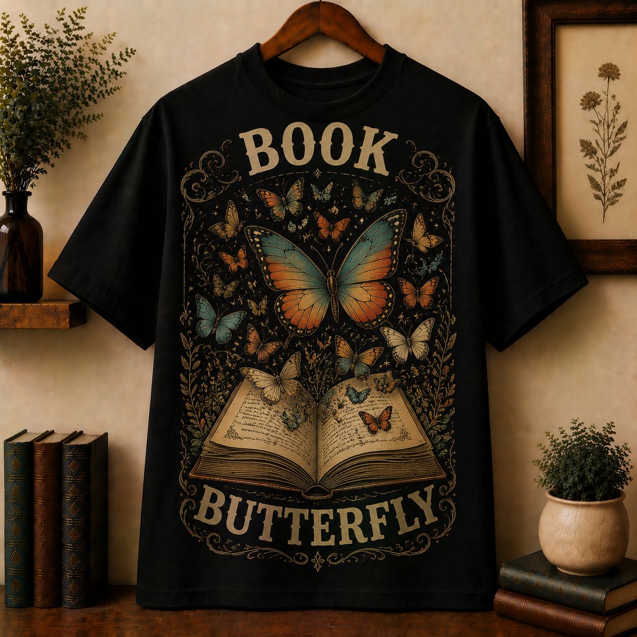 Book Butterfly T-Shirt, Butterflies Flying from Open Book Vintage Nature Reader Tee