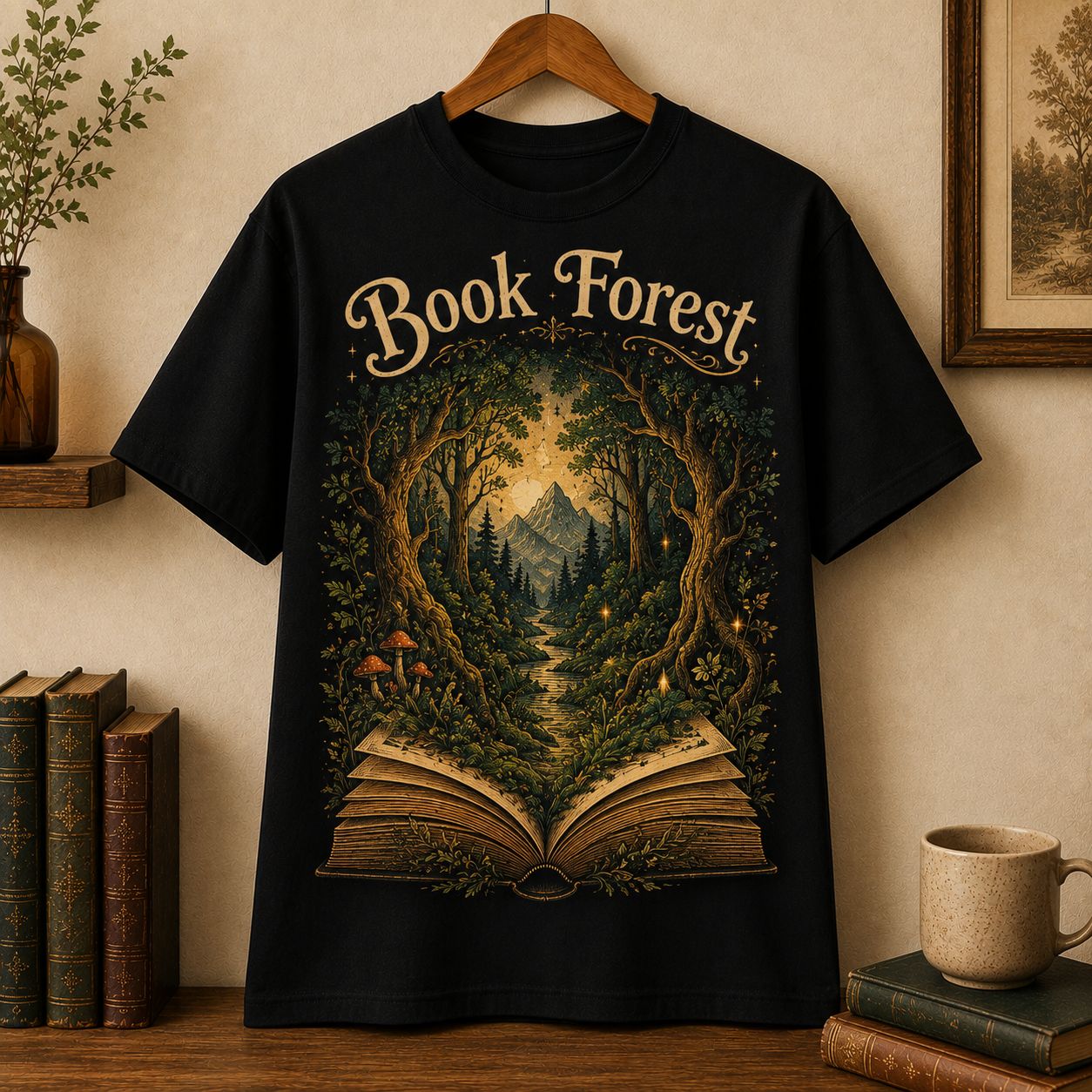 Book Forest T-Shirt, Magical Forest Emerging from Open Book Vintage Fantasy Reading Shirt