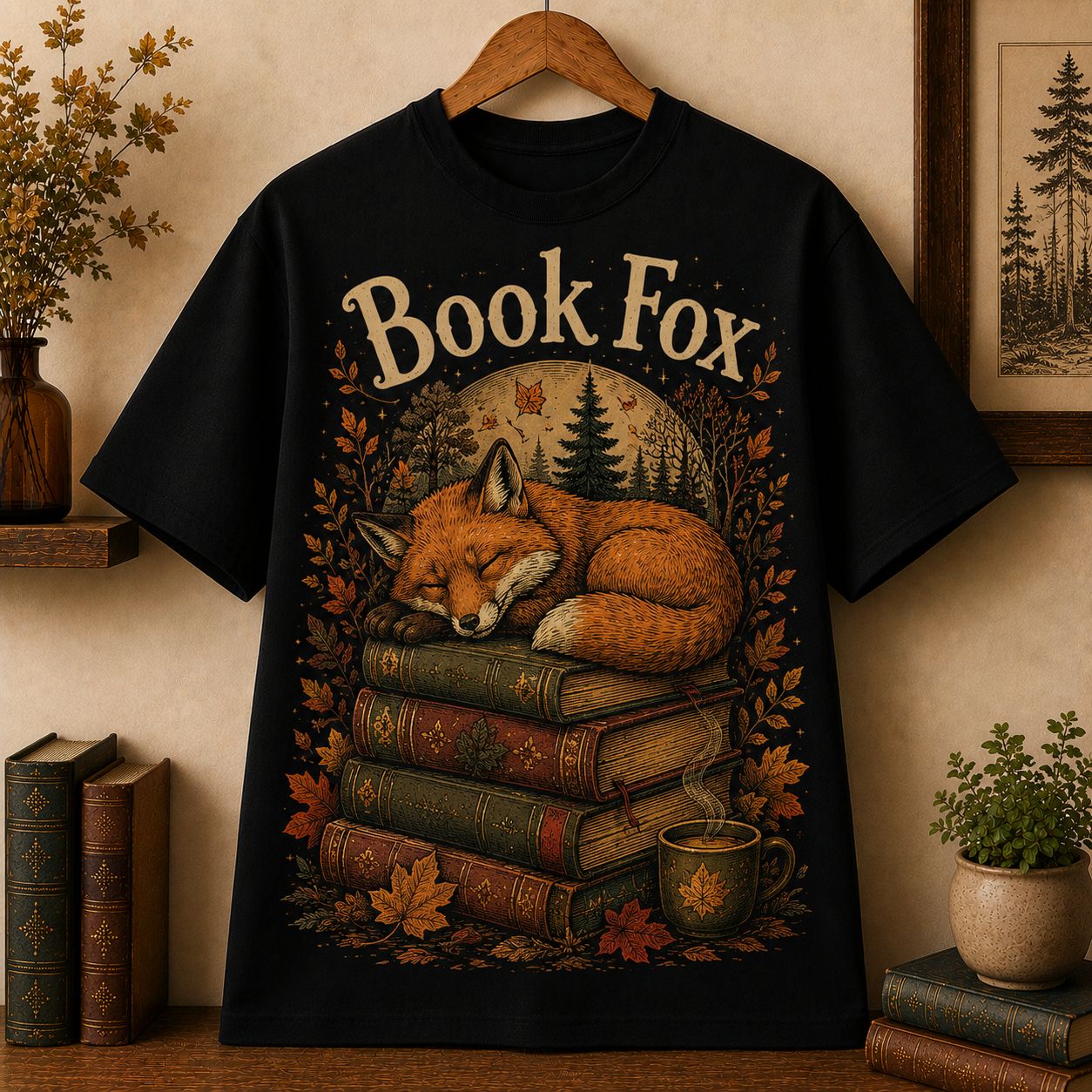 Book Fox T-Shirt, Cute Fox Sleeping on Books Autumn Forest Vintage Reading Tee