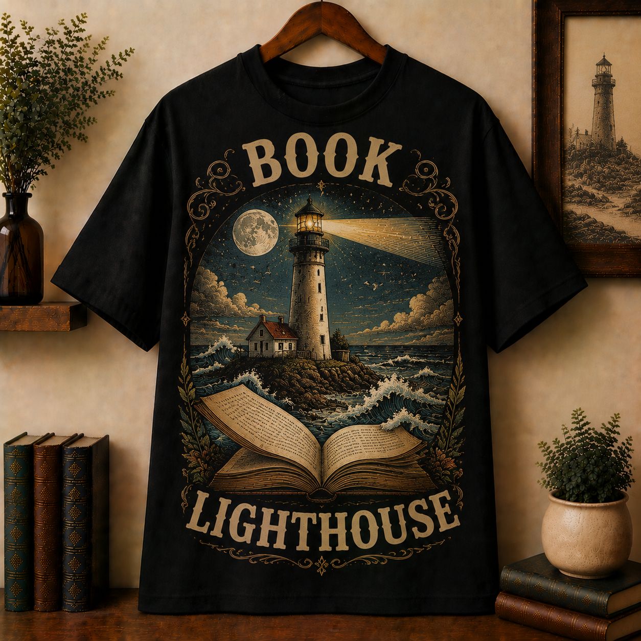 Book Lighthouse T-Shirt, Lighthouse Emerging from Open Novel by Sea Vintage Reader Tee