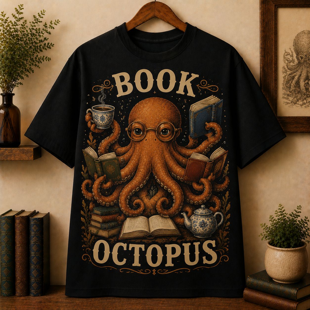 Book Octopus T-Shirt, Octopus Reading Books with Tea Vintage Ocean Reader Shirt