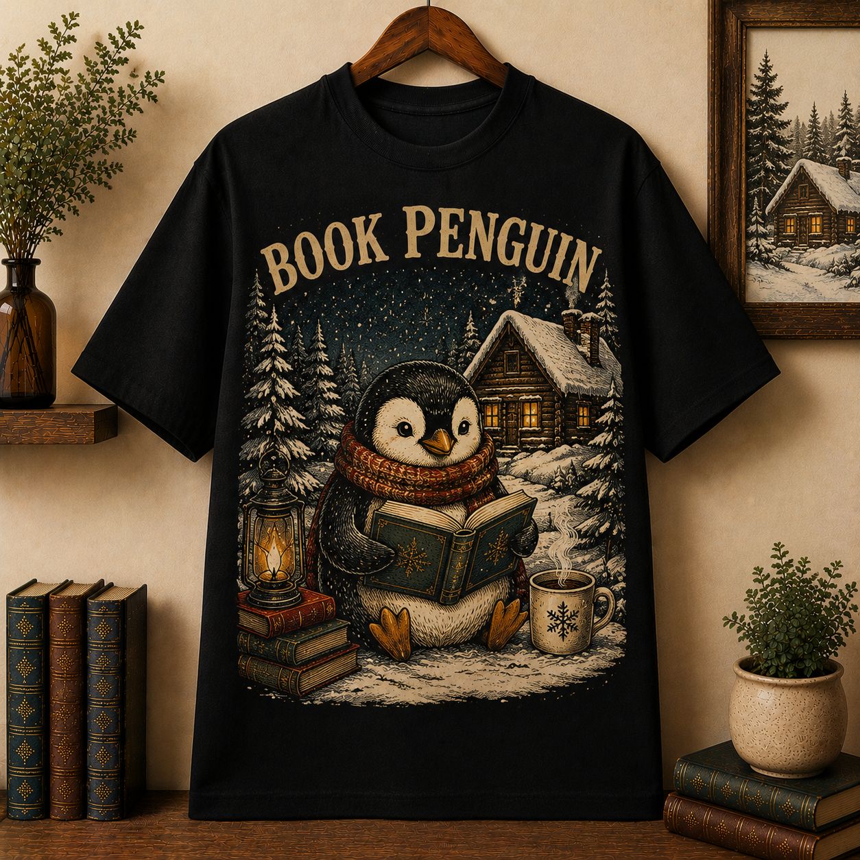 Book Penguin T-Shirt, Penguin with Scarf Reading Beside Snow Cabin Winter Reader Tee