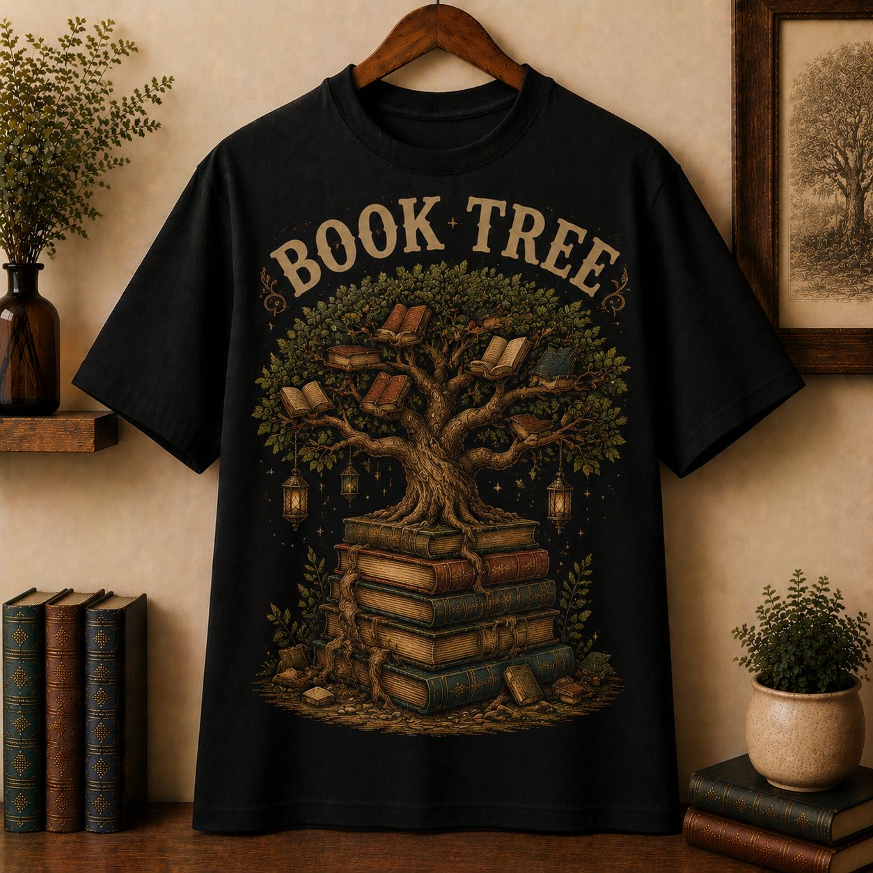 Book Tree T-Shirt, Massive Tree Growing from Stacked Books Nature Reading Shirt