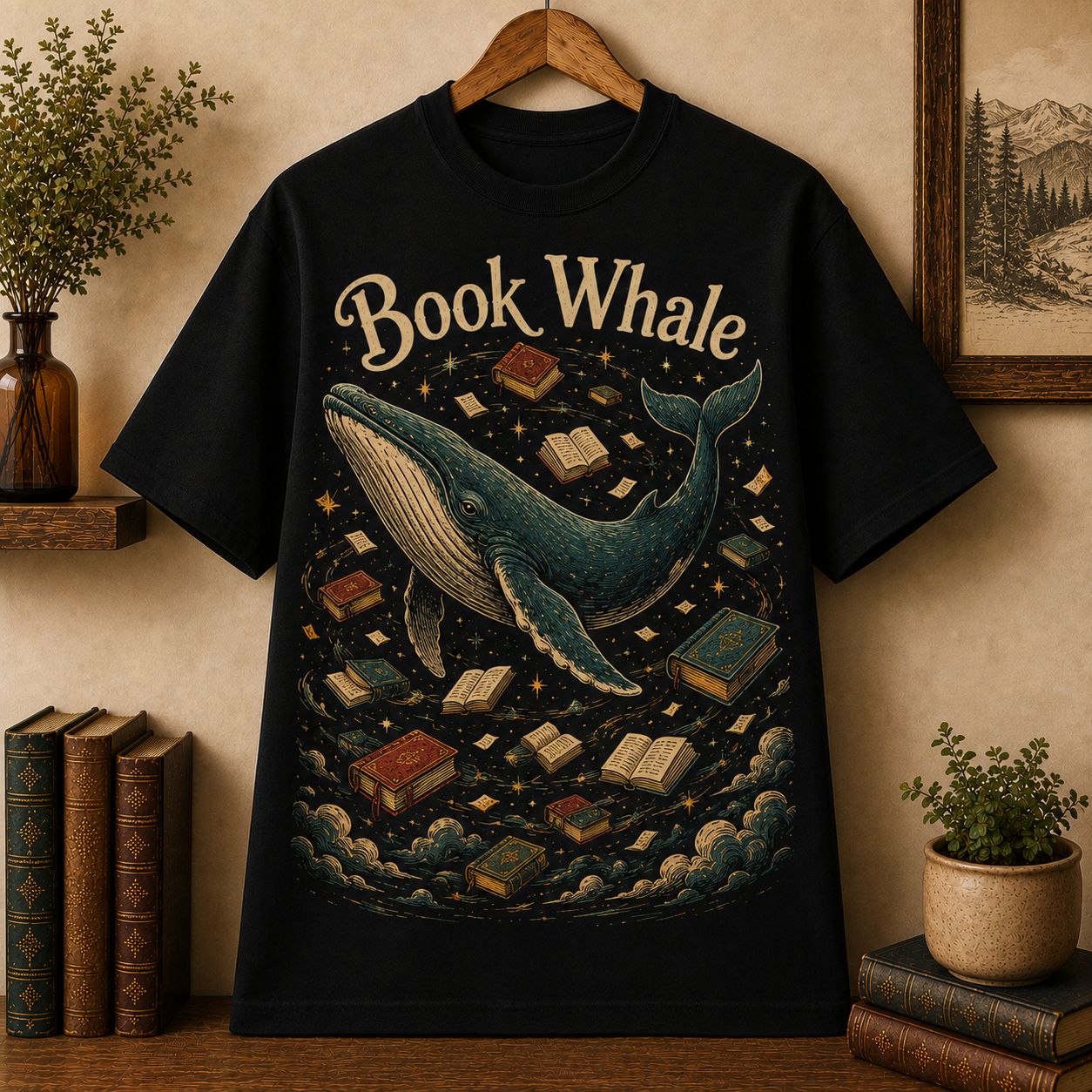 Book Whale T-Shirt, Giant Whale Swimming Through Books Ocean Reader Shirt
