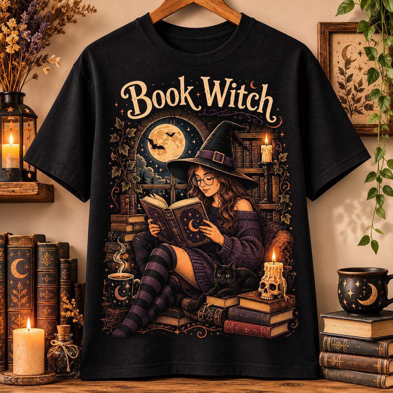 Book Witch T-Shirt, Cozy Witch Reading Spell Books Vintage Halloween Reader Shirt