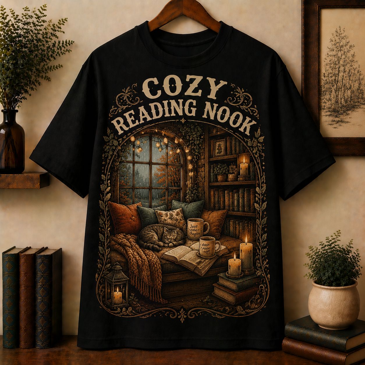 Cozy Reading Nook T-Shirt, Window Seat Cat Books Candles Cozy Reader Shirt