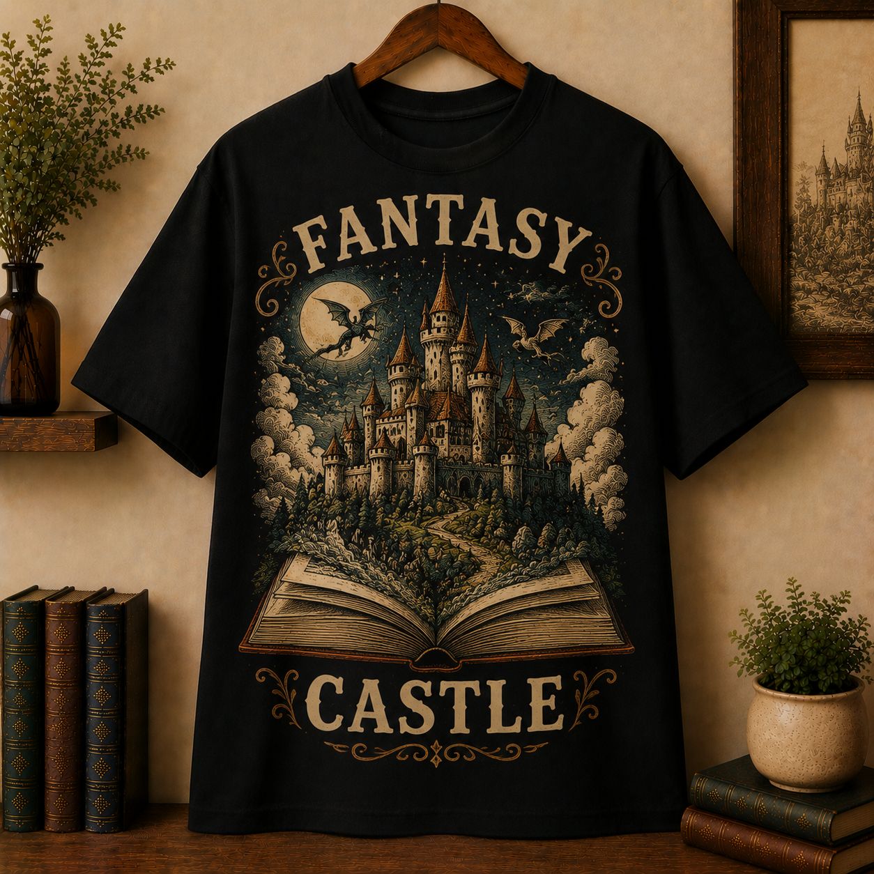 Fantasy Castle T-Shirt, Castle Rising from Open Book Vintage Fantasy Reader Tee