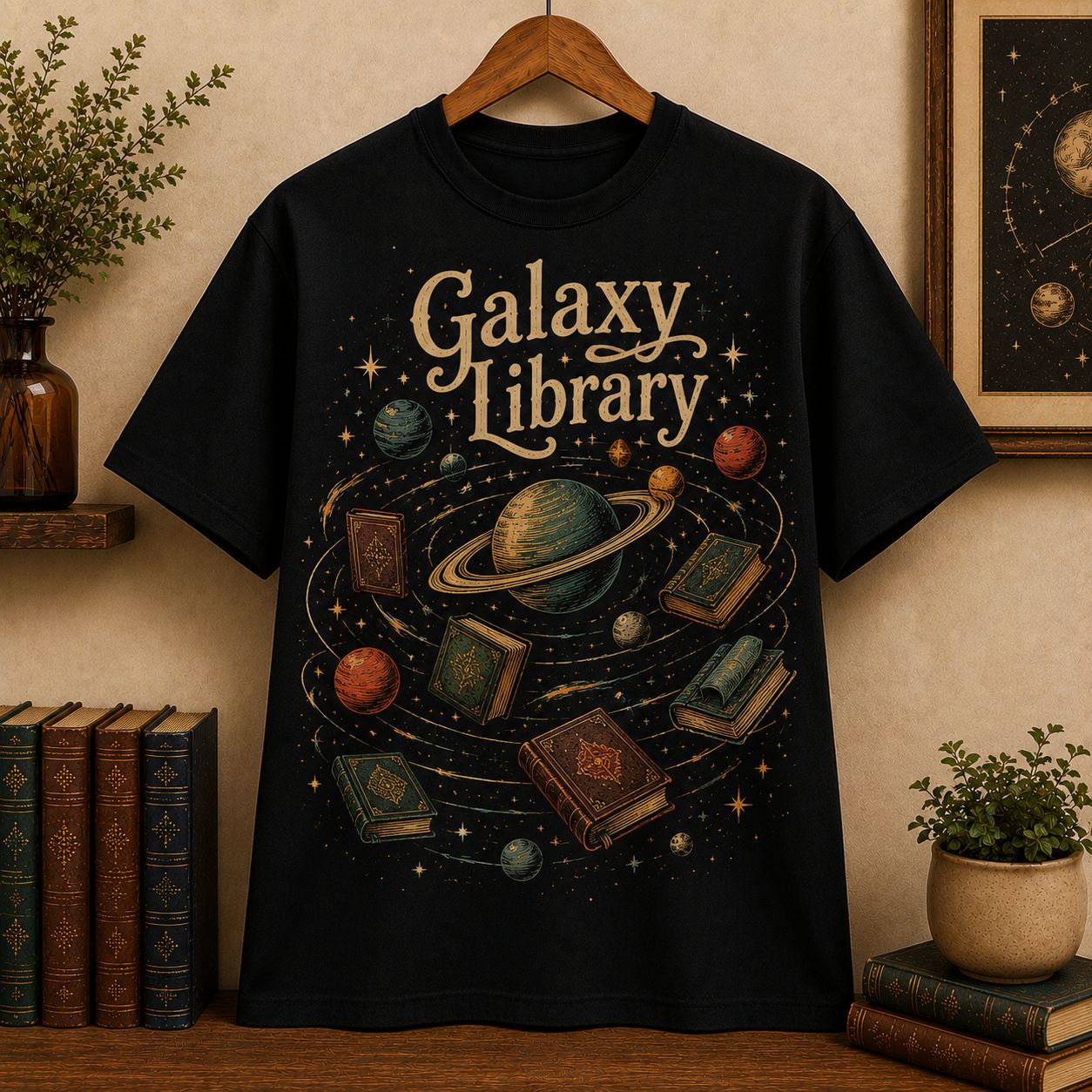 Galaxy Library T-Shirt, Books Orbiting Planets Cosmic Reading Shirt, Fantasy Book Lover Tee