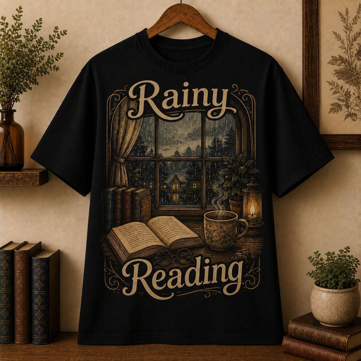 Rainy Reading T-Shirt, Cozy Window Rain Scene with Tea and Novel Shirt for Book Lovers