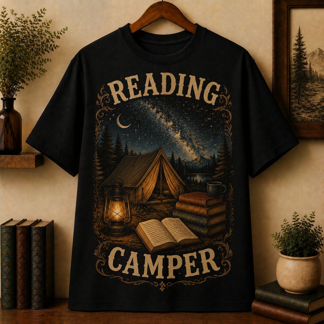 Reading Camper T-Shirt, Camping Tent Lantern and Books Under Milky Way Shirt