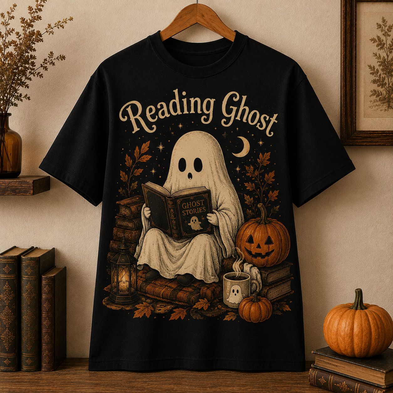 Reading Ghost T-Shirt, Cute Ghost Reading Book Halloween Shirt with Pumpkins, Spooky Book Lover Tee