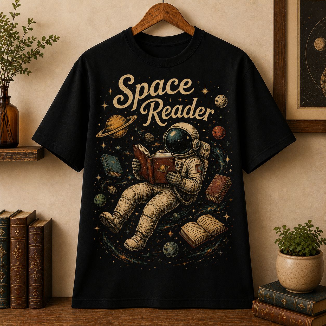 Space Reader T-Shirt, Astronaut Reading Book in Space Vintage Galaxy Shirt for Book Lovers