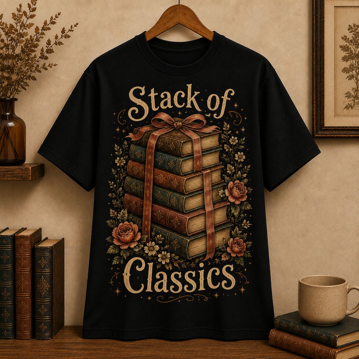 Stack of Classics T-Shirt, Vintage Books Tower with Flowers Graphic Tee for Readers